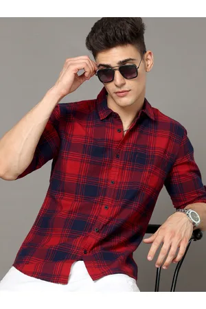 Moda Rapido Red & Navy Blue Tartan Checked Spread Collar Cotton Slim Fit Casual Shirt