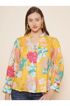 Bhama Couture Floral Printed Cuffed Sleeves Mandarin Collar Top