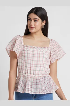 Globus Checked Square Neck Flared Sleeves Peplum Top