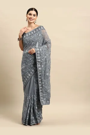 Manohari Floral Embroidered Poly Georgette Saree with Blouse Piece