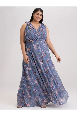 20Dresses Plus Size Grey Floral Printed V-Neck Fit & Flare Maxi Dress