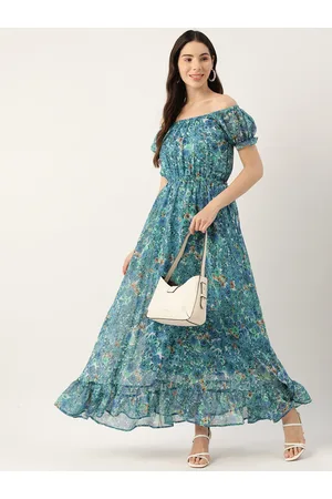 DressBerry Blue Floral Printed Off-Shoulder Puff Sleeve Fit & Flare Dress