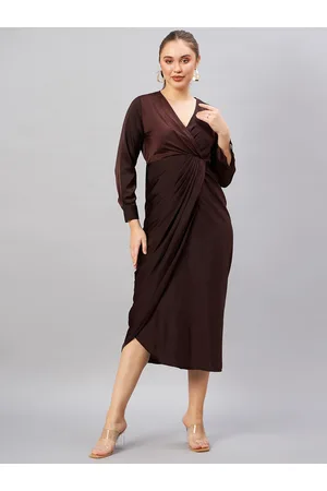 Antheaa Brown V-Neck Long Cuffed Sleeves Satin Wrap Midi Dress