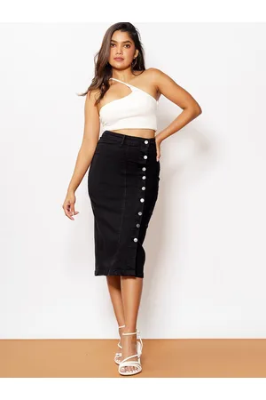 FREAKINS Black Straight Hem Casual Midi A-Line Skirt