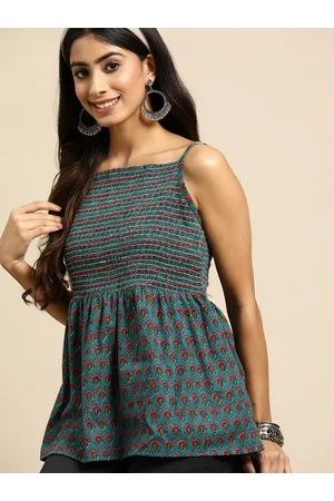 Sangria Floral Printed Smocked Cotton A-Line Top