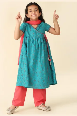 Fabindia Girls Floral Printed Pure Cotton Angrakha Kurta With Palazzos & Dupatta