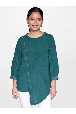 Global Desi Teal Green Solid Asymmetric Hem Top