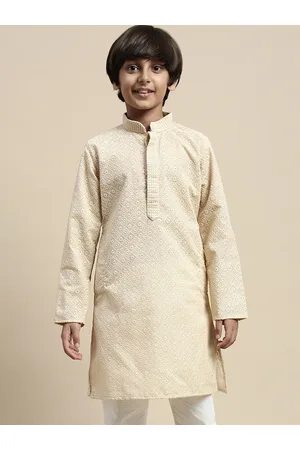 Sanwara Boys Floral Woven Design Mandarin Collar Thread Work Kurta