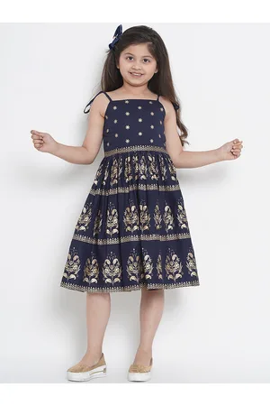 Bhama Girls Navy Blue Printed Fit and Flare Dress