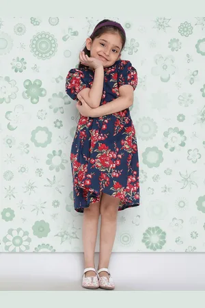 Indo Era Girls Navy Blue Floral Printed Cotton A-Line Dress