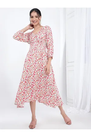 Bani Women Floral Printed V-Neck Smocked A-Line Midi Dress