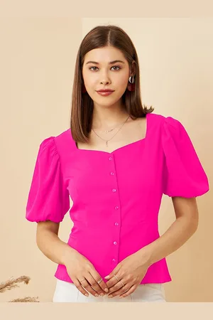 Rare Fashion Pink Puff Sleeve Square Neck Crepe Top