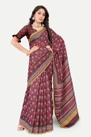 TAVAS Floral Printed Silk Blend Chanderi Saree