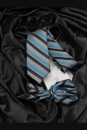 KOVOVE Men Black & Blue Striped Neck Tie & Pocket Square Accessory Gift Set