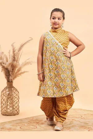 Stylo Bug Girls Ethnic Motifs Printed Angrakha Pure Cotton Kurta With Dhoti Pants