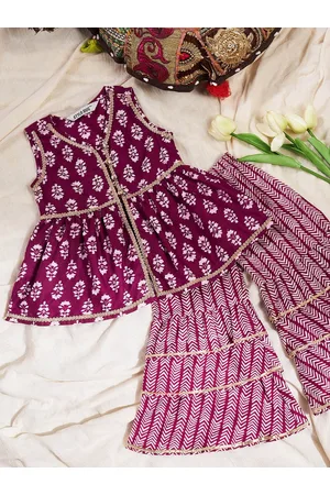 Stylo Bug Girls Ethnic Motifs Printed Empire Gotta Patti Pure Cotton Kurta With Sharara