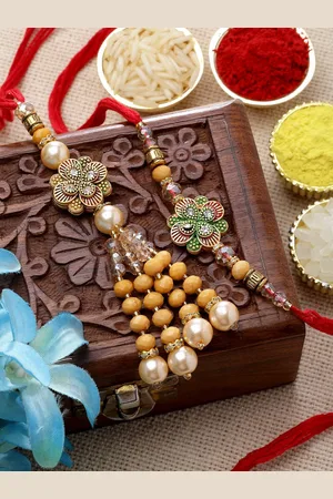 Zeneme Unisex Set of 2 Kundan & Beads Bhaiya Bhabhi Rakhi With Roli Chawal