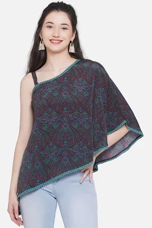 bellamia Ethnic Motif Printed One Shoulder Extended Sleeves Regular Top