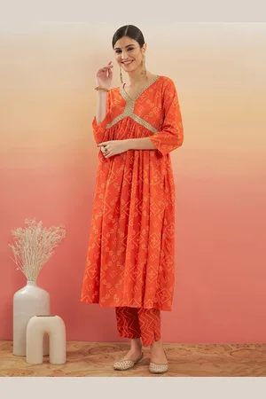 InWeave Orange Bandhani Printed Gotta Patti Pure Cotton A-Line Kurta with Trousers