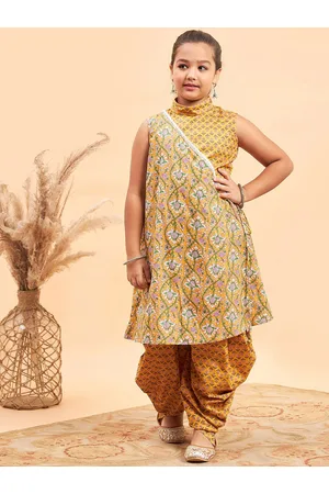 Stylo Bug Girls Ethnic Motifs Printed Angrakha Pure Cotton Kurta With Dhoti Pants