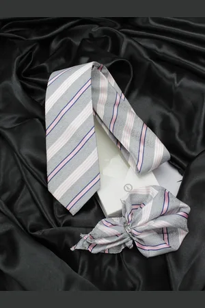 KOVOVE Unisex Grey & Pink Tie with Pocket Square