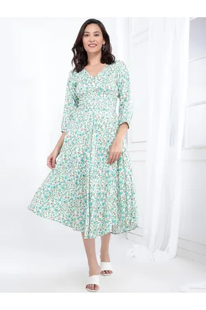 Bani Women Floral Printed V-Neck Smocked A-Line Midi Dress