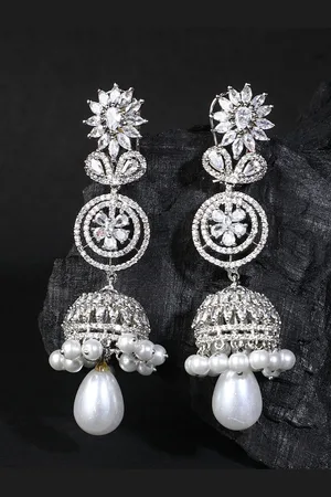 AURAA Trends Rhodium-Plated American Diamond & Zircon Studded Jhumkas