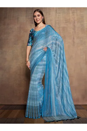 Mitera Teal Striped Sequinned Pure Chiffon Saree
