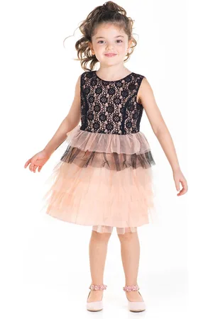 Cherry Crumble Girls Peach-Coloured & Black Net & Lace Layered Fit & Flare Dress