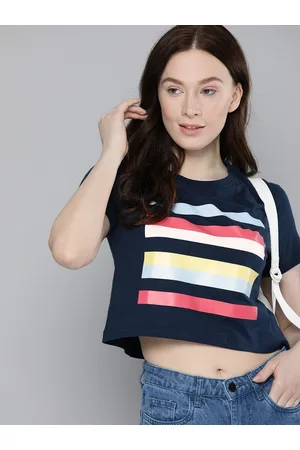 HARVARD Women Navy Blue & Red Striped Pure Cotton Crop T-shirt