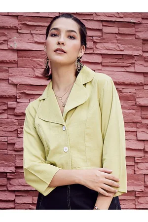 ATHENA Olive Green Lapel Collar Corduroy Crop Tailored Jacket