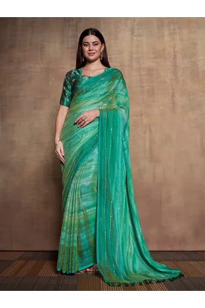 Mitera Green Striped Sequinned Pure Chiffon Saree