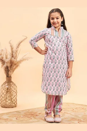 Stylo Bug Girls Ethnic Motifs Printed Mandarin Collar Pure Cotton Kurti with Pyjamas