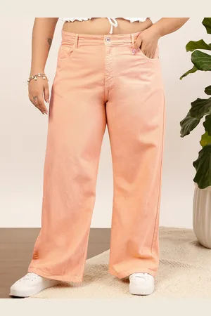 CURVY STREET Women Plus Size Peach Mid-Rise Clean Look Pure Cotton Wide Leg Jeans