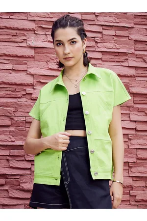 ATHENA Green Spread Collar Cotton Crop Denim Jacket