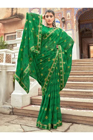 Mitera Green & Gold-Toned Ethnic Motifs Printed Pure Georgette Saree