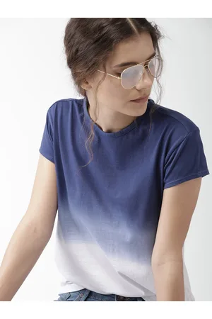 HARVARD Women Blue & White Ombre-Dyed Round Neck T-shirt