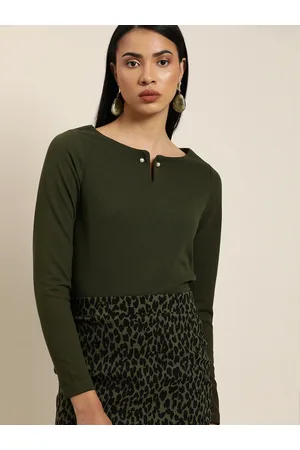 Invictus Women Olive Green Solid Top With an Embellished Closure