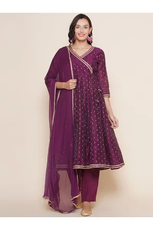 Bhama Couture Women Purple Ethnic Motifs Printed Angrakha Gotta Patti Chanderi Silk Kurta with Trousers &