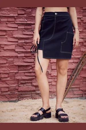 ATHENA Black Tie-Up Denim Short Skirt