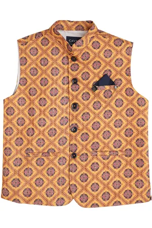 CAVIO Boys Ethnic Motifs Printed Cotton Woven Nehru Jacket With Brooch & Shirt
