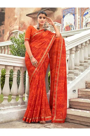 Mitera Orange & Red Ethnic Motifs Printed Pure Georgette Saree