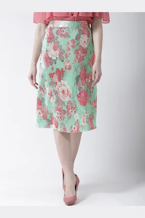 KASSUALLY Women Green & Pink Floral Printed Pleated A-Line Midi Skirt