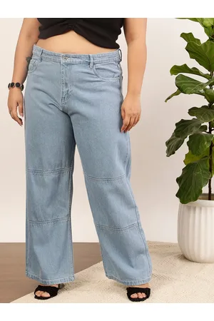 CURVY STREET Women Plus Size Blue Mid-Rise Clean Look Pure Cotton Wide Leg Jeans