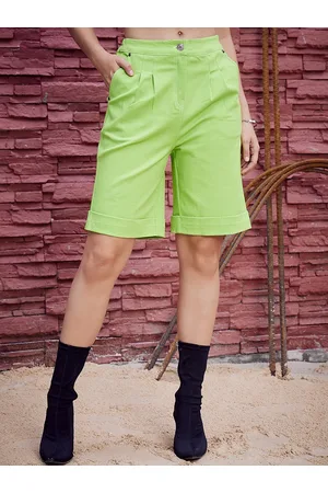 ATHENA Women Green Mid-Rise Denim Shorts