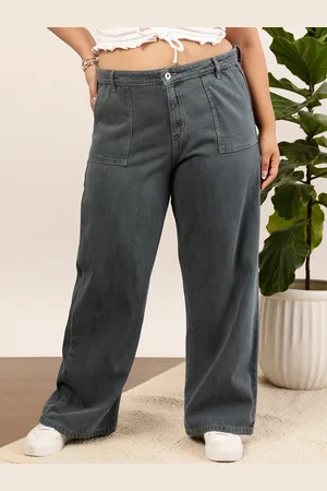 CURVY STREET Women Plus Size Grey Mid-Rise Clean Look Pure Cotton Wide Leg Jeans
