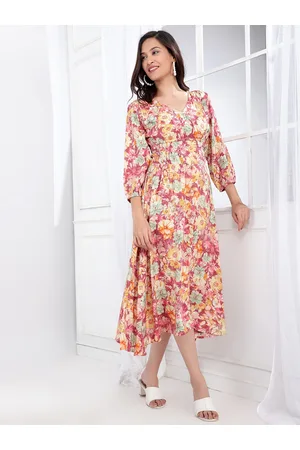 Bani Women Floral Printed Cuffed Sleeves Smocked A-Line Midi Dress