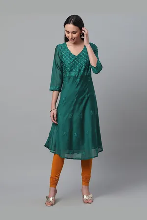 akheri Women Green Chikankari Embroidered Mukaish-Work Layered A-Line Kurta