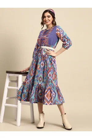 Sangria Cotton Tie-Up Neck Thread Work Printed Midi Dress