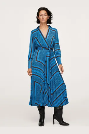 MANGO Women Blue & Brown Striped Midi Dress with a Belt